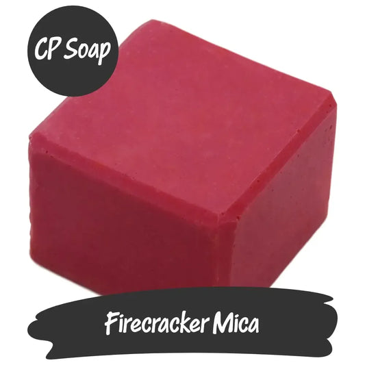 Vibrant Firecracker Mica red pigment in cold process soap, perfect for stunning color effects.