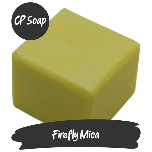 Vibrant Firefly Yellow Mica powder for illuminating CP soap creations, symbolizing positivity and self-illumination.