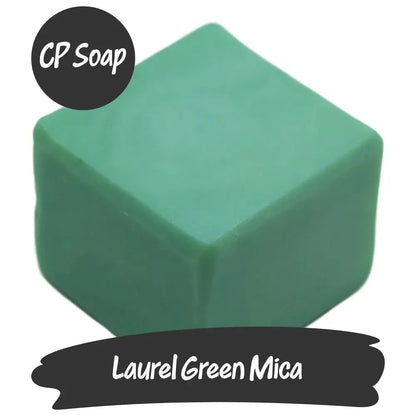 Laurel Green Mica in CP Soap form, showcasing a soft green hue with shimmering silver flecks, perfect for serene creations.