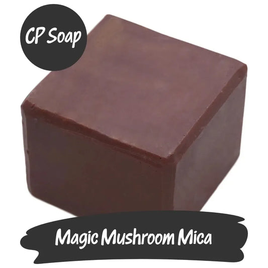 Magic Mushroom Mica cube for CP soap, showcasing brown color with shimmering red and gold tones.