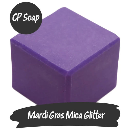 Purple CP soap infused with Mardi Gras Mica Glitter for dazzling shimmer in bath projects.