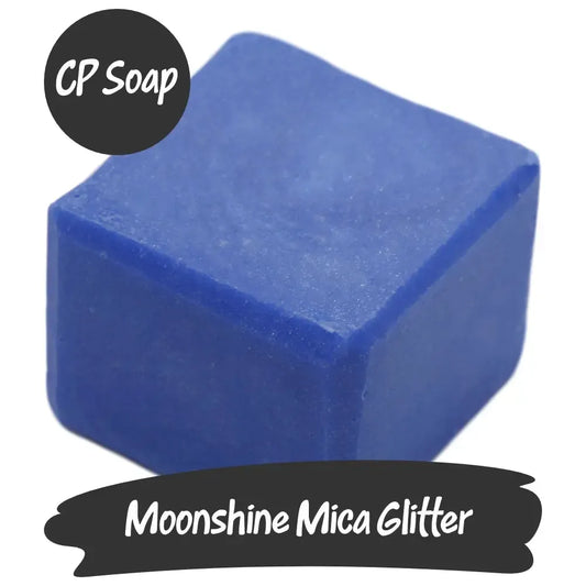 Moonshine Blue Mica Glitter in CP soap, showcasing a celestial blue hue and eco-friendly sparkle.