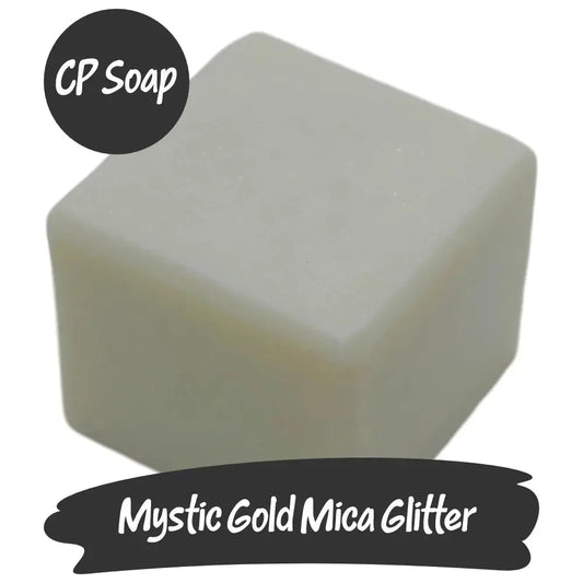 Mystic Gold Mica Glitter soap cube for crafting, adding luxurious golden shimmer to bath products.