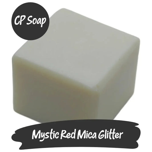 Mystic Red Mica Glitter in CP soap, showcasing shimmering white sparkles with fiery red highlights.