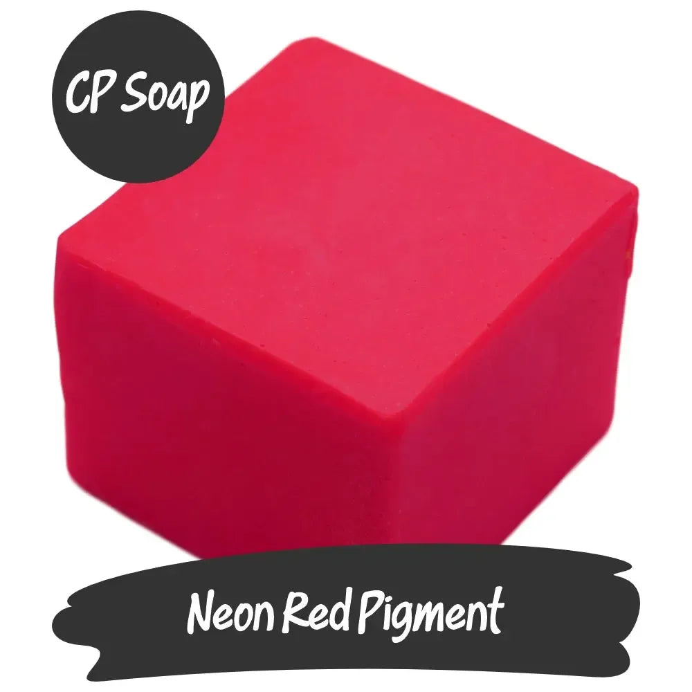 Bold fluorescent neon red pigment cube for CP soap, perfect for vibrant color transformation.