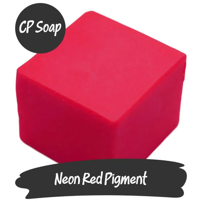 Bold fluorescent neon red pigment cube for CP soap, perfect for vibrant color transformation.