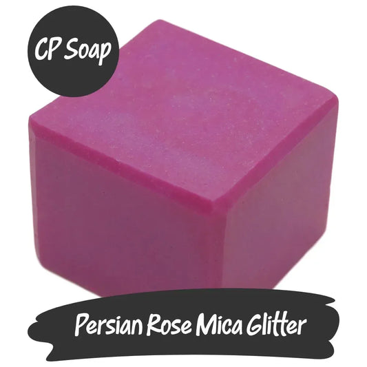 Persian Rose Mica Glitter cube soap showcasing deep pink color and eco-friendly shimmer for luxurious bath products.