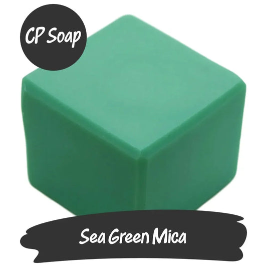 Sea Green Mica soap cube, soft green with blue undertones, evokes tranquil tropical waters and serene coastal beauty.