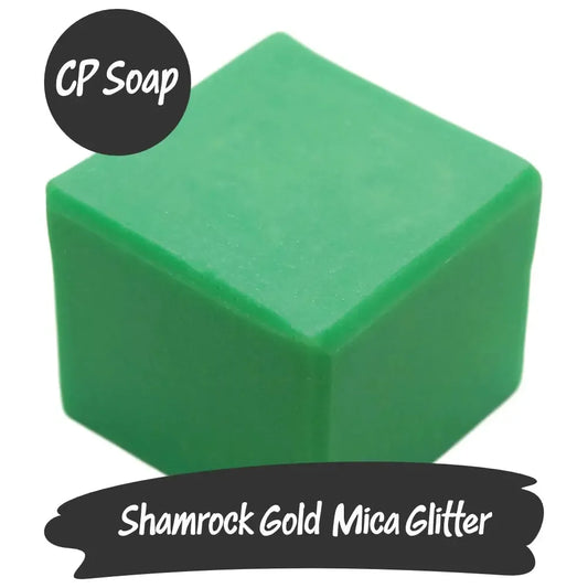 Shamrock Gold Eco-Friendly Mica Glitter in green CP soap block, perfect for radiant crafting projects.