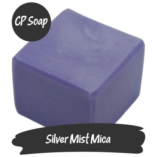 Silver Mist Mica CP soap cube showcasing soft blue and purple hues with a silvery sheen, perfect for creative projects.