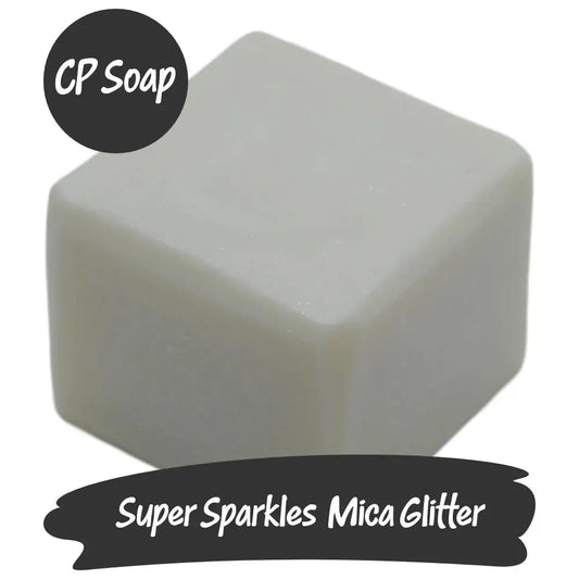 White CP soap square with Super Sparkles Mica Glitter for a dazzling, eco-friendly shimmer.