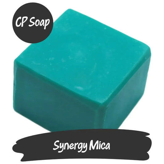 Synergy Mica blue-green CP soap cube showcasing vibrant turquoise color and smooth texture for creative projects.
