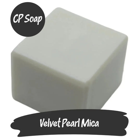 Velvet Pearl Mica cube for CP soap, showcasing a pearly white hue and shimmer for luxurious creations.