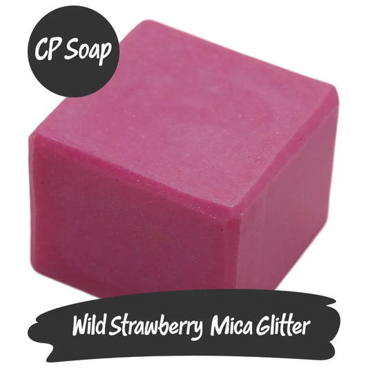 Vibrant Wild Strawberry Mica Glitter cube showcasing a pink-red hue for eco-friendly CP soap crafting.