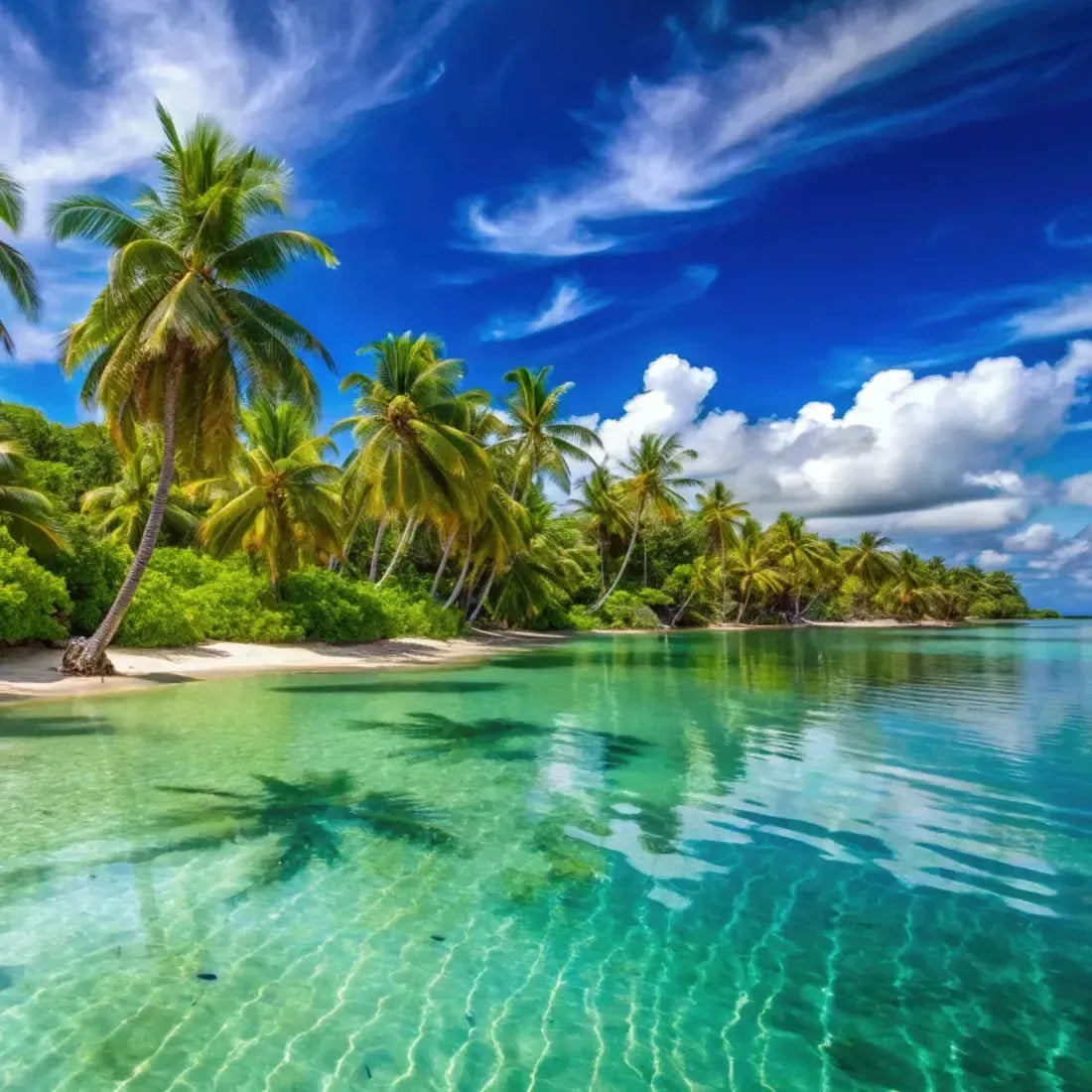 Tropical paradise with crystal clear water and palm trees under a bright blue sky, perfect for relaxation and bliss.