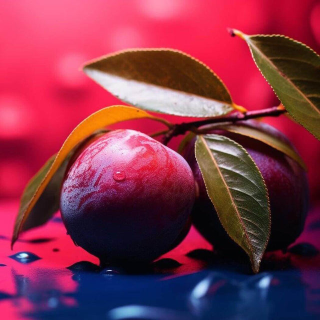 Close-up of two ripe plums with green leaves on a vibrant pink and blue background, highlighting nurture handmade produce.