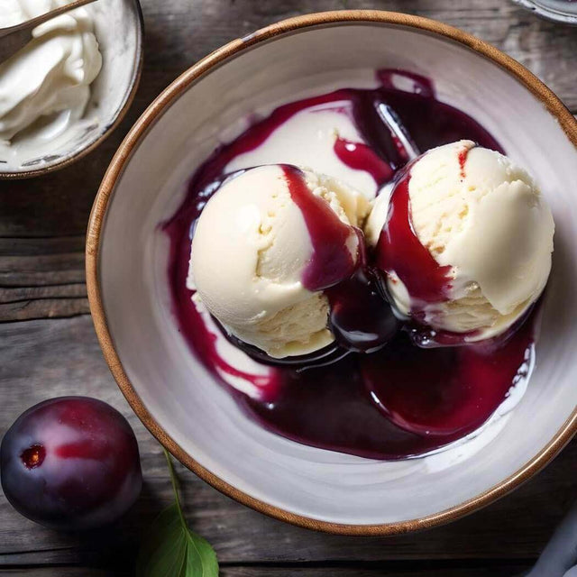 Vanilla ice cream topped with rich plum sauce in a rustic bowl on a wooden table, showcasing a nurturing handmade dessert.