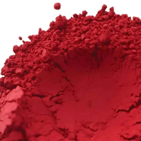 Vibrant red pigment powder for soap making, showcasing bold, rich color without fading or bleeding.