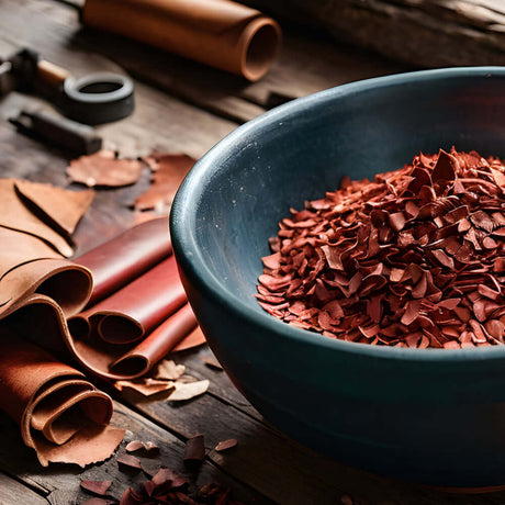 Bowl of leather shavings and sandalwood pieces with leather crafting tools