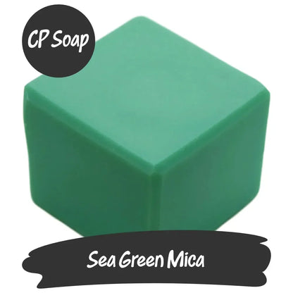 Sea Green Mica soap cube, soft green with blue undertones, evokes tranquil tropical waters and serene coastal beauty.