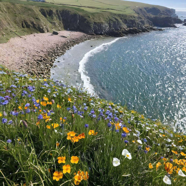 Coastal view with colorful wildflowers on a cliffside overlooking a serene beach and the ocean.