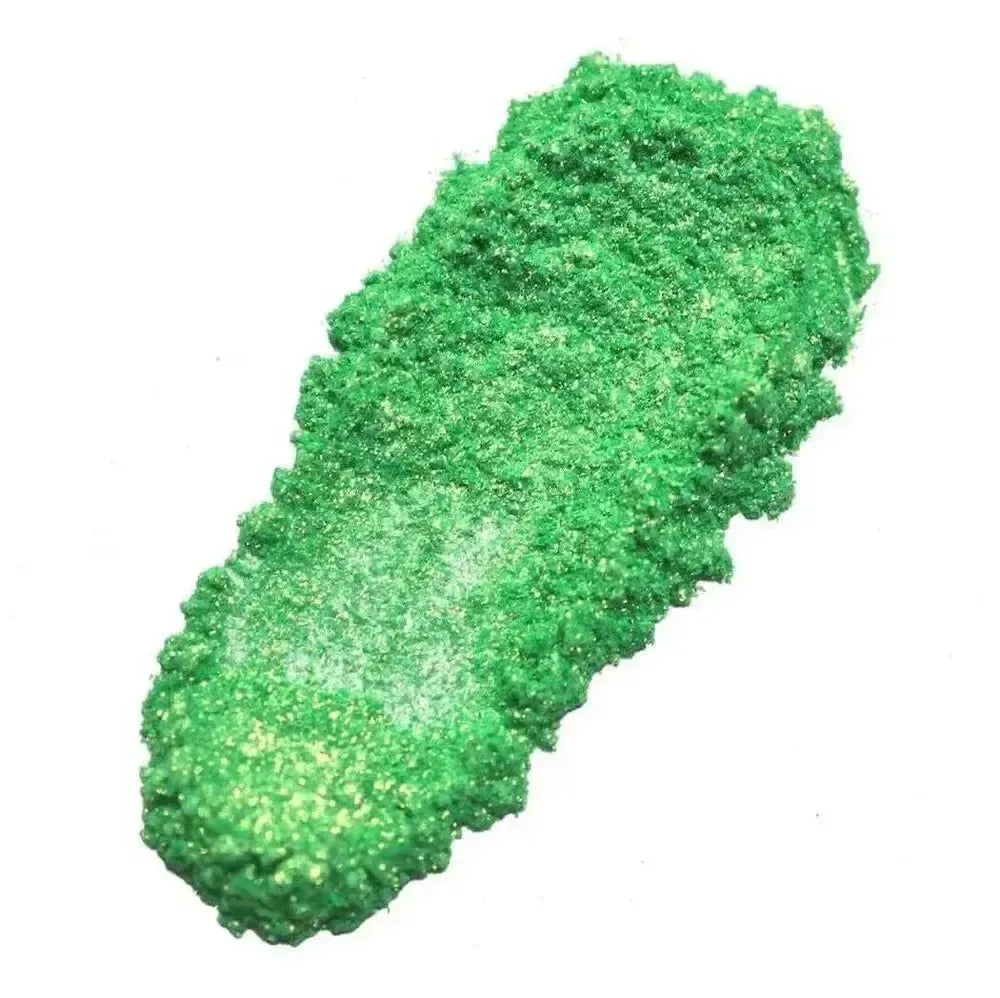 Vibrant shamrock green gold mica glitter cosmetic powder with shimmering finish