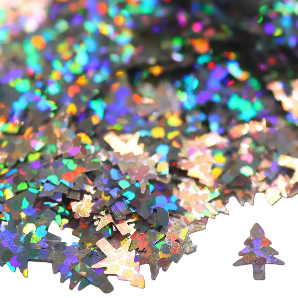 Holographic Christmas tree confetti with iridescent shimmer in Shimmering Pines Glitter