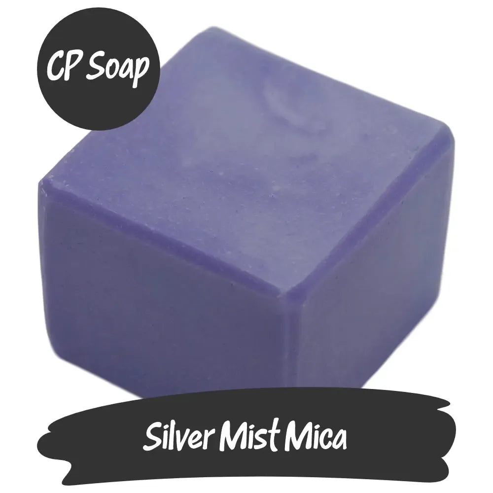 Silver Mist Mica CP soap cube showcasing soft blue and purple hues with a silvery sheen, perfect for creative projects.