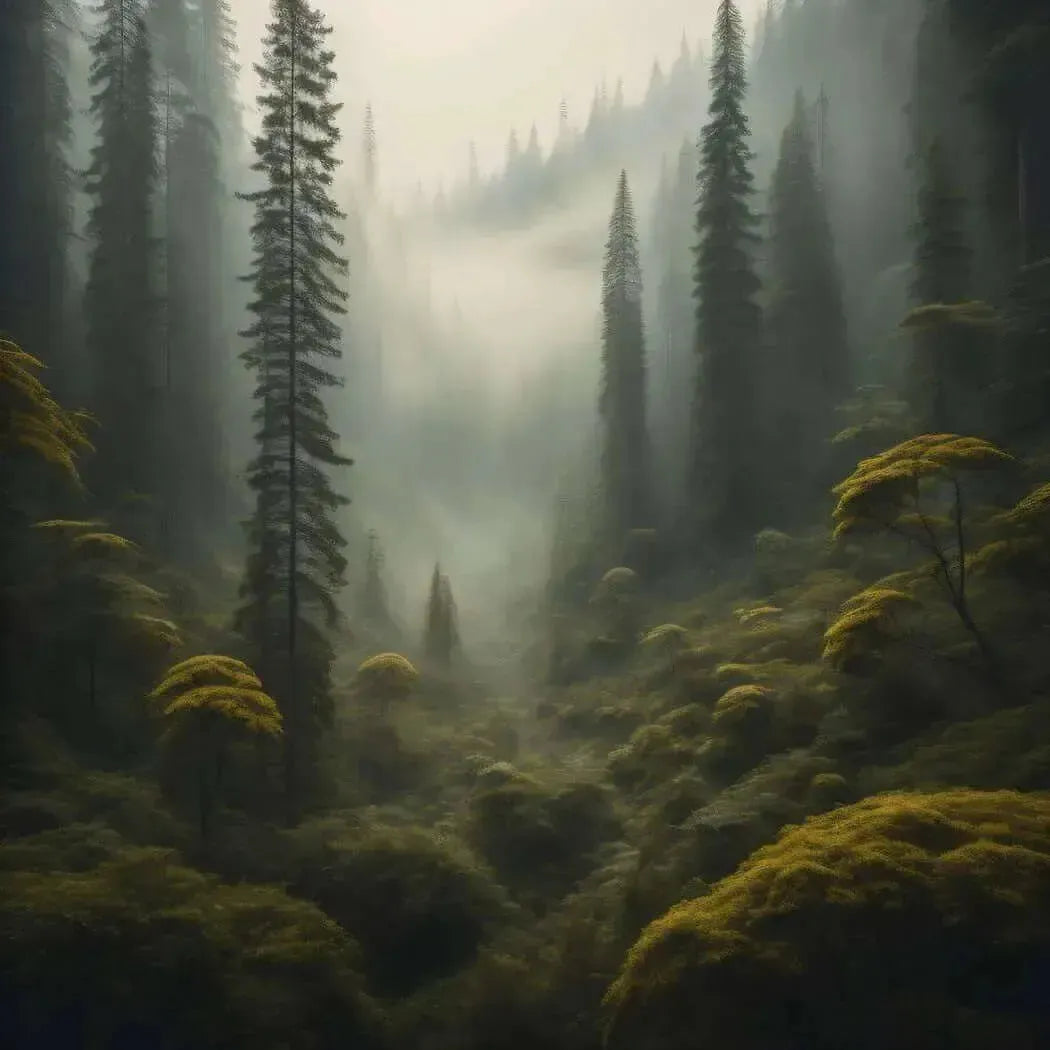 Misty forest with tall evergreens, yellow moss, and smoky vanilla woods scent