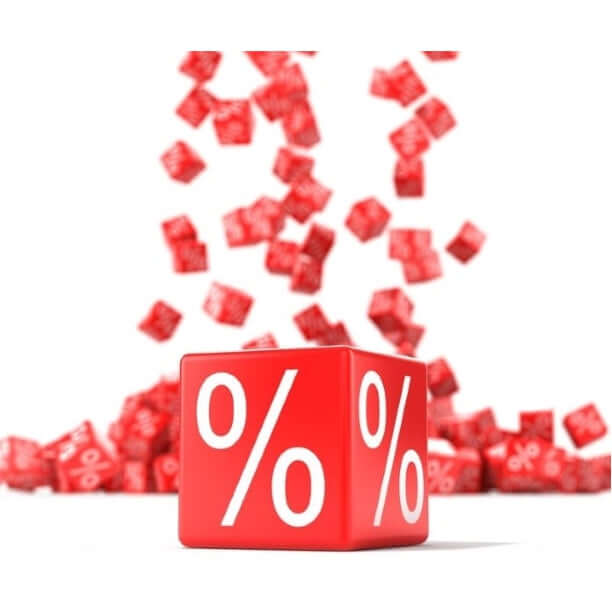 Red cube with percentage symbols and falling percentage cubes representing discounts and offers.