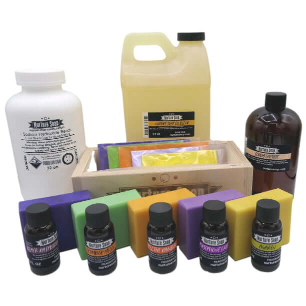 Nurture Handmade soap and essential oil kit with sodium hydroxide beads, colorful soap blocks, and liquid soap supplies.