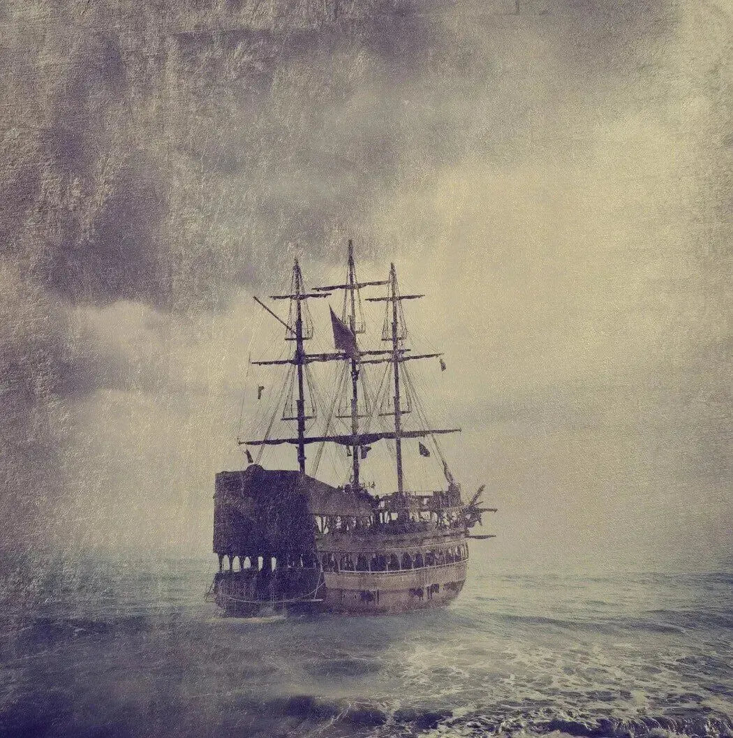 Weathered three-masted pirate ship in stormy sea, Somali Soul Fragrance Blend
