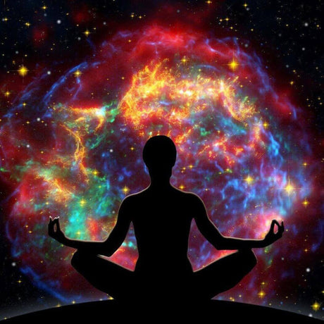 Silhouette of a person meditating in front of a colorful cosmic background, promoting Nurture Handmade.