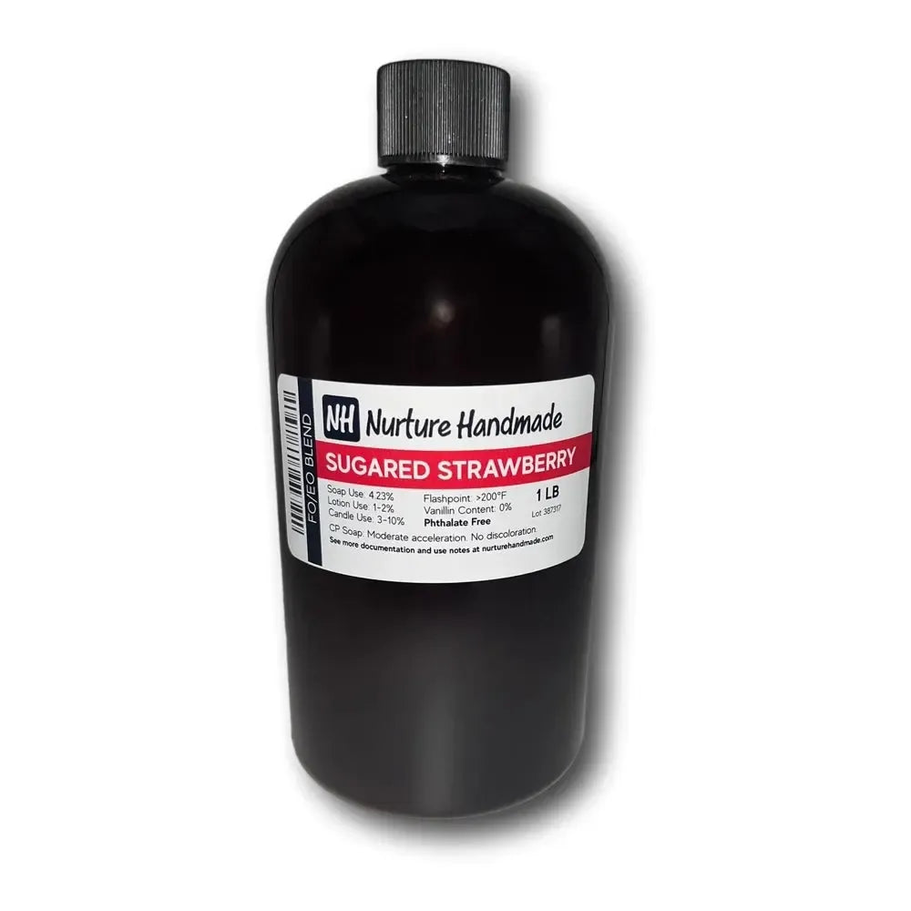 Sugared strawberry fragrance blend in dark amber bottle with black cap