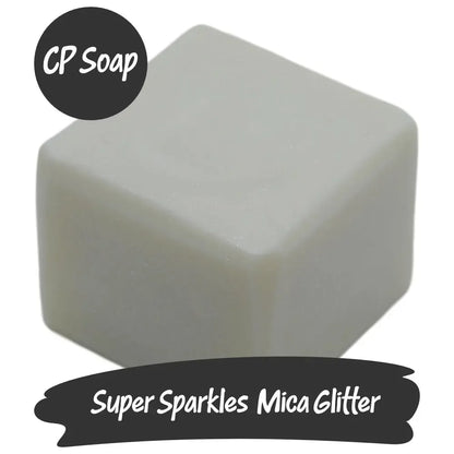 White CP soap square with Super Sparkles Mica Glitter for a dazzling, eco-friendly shimmer.