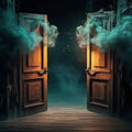 Two wooden doors creak open, shrouded in smoky mist, inviting you into the mysterious realm beyond.