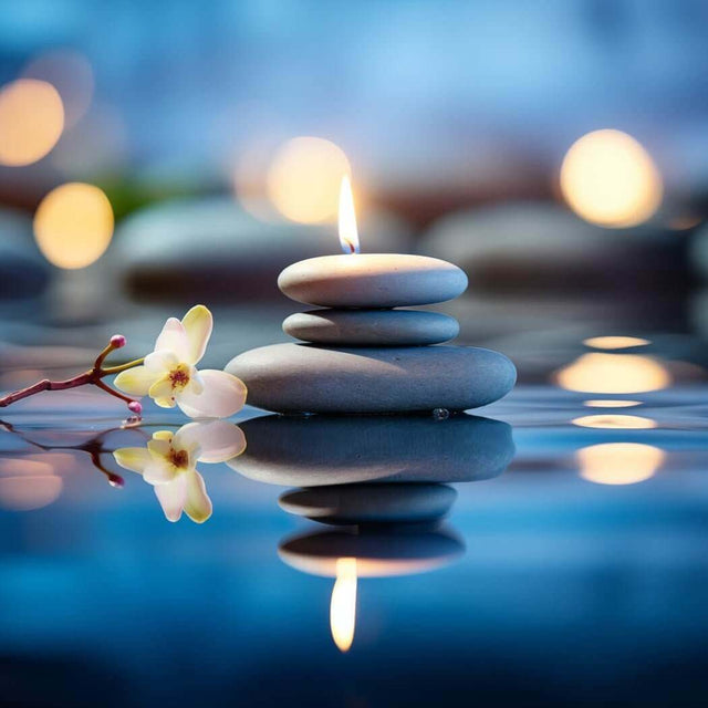 Tranquil spa scene with stacked stones, a burning candle, and an orchid flower reflection in water, promoting Nurture Handmade relaxation.