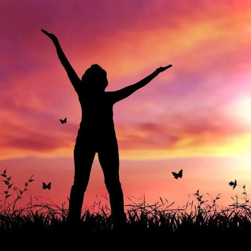 Silhouette of person with arms outstretched at sunset for Transformation Fragrance Blend