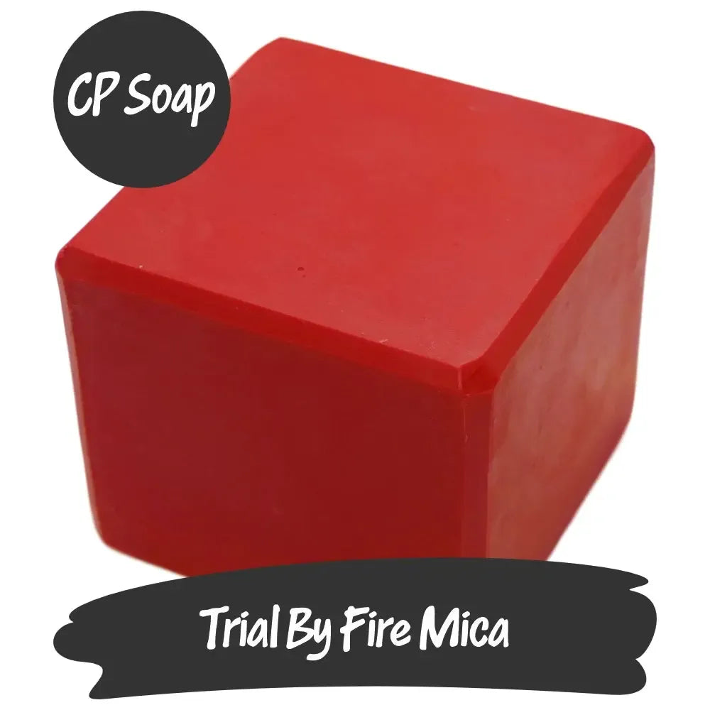 Vibrant red cube of CP soap featuring Trial by Fire mica powder for stunning soap designs.