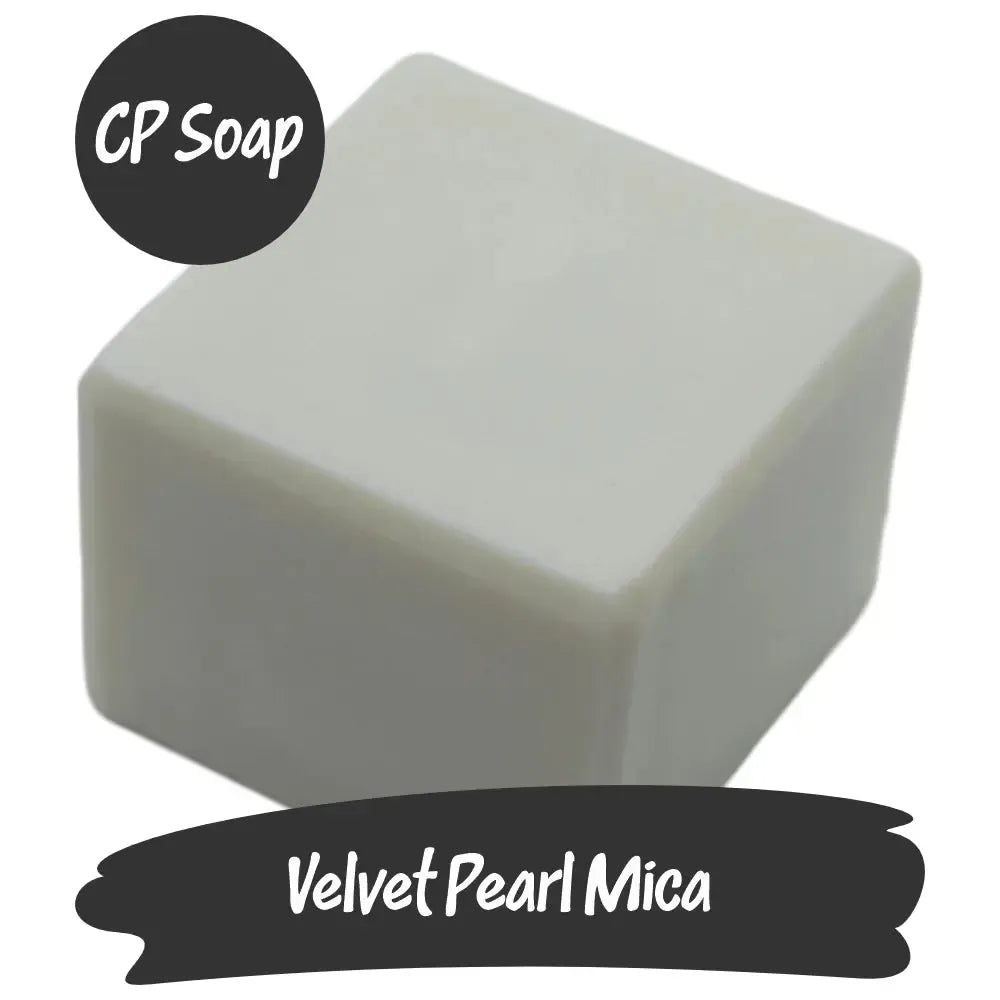 Velvet Pearl Mica cube for CP soap, showcasing a pearly white hue and shimmer for luxurious creations.