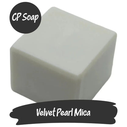 Velvet Pearl Mica cube for CP soap, showcasing a pearly white hue and shimmer for luxurious creations.