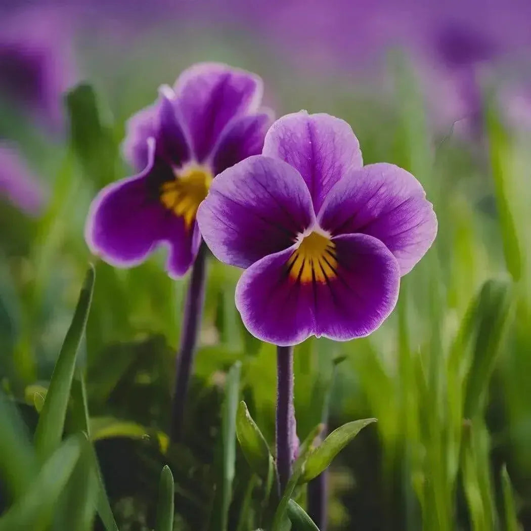 Vibrant purple pansies with yellow centers in lush green grass for Violette Fragrance Blend