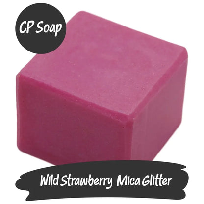 Vibrant Wild Strawberry Mica Glitter cube showcasing a pink-red hue for eco-friendly CP soap crafting.