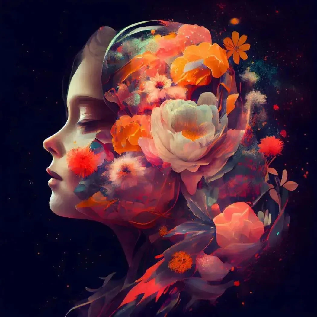 Surreal digital artwork of woman with orange pink white flowers from head on cosmic background for Wonderment Fragrance Oil